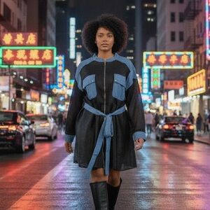 Stylish Black and Blue Belted Jacket